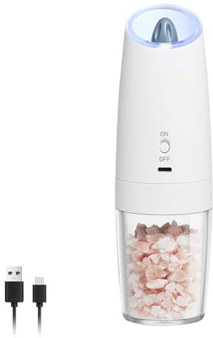 ELMWAY Gravity Rechargeable Salt and Pepper Grinder by ELMWAY – Automatic Electric Salt & Pepper Mill with Adjustable Coarseness, One-Hand Operation, LED Light & Safety Switch – White (Single)