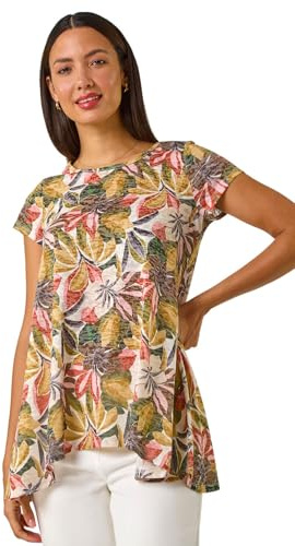 Roman Originals Hanky Hem Tunic Top for Women UK - Ladies Longline Blouse Asymmetric Hemline Short Sleeves Casual Slouch Loose Summer Spring Relaxed Comfortable - Green Multi - Size 14