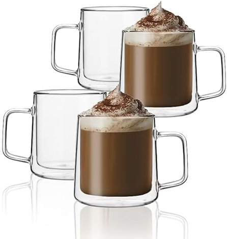 CNGLASS 12oz(355ml) Glass Coffee Mugs,Double Wall Insulated Glass Cups with Handle,Clear Espresso Mugs for Latte,Cappuccino,Tea Bag,Set of 4