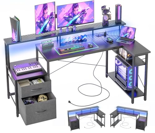 BEXEVUE Escritorio en L con LED y Enchufes, Escritorio Gaming 150x80 cm con 2 Cajones y Estantes Reversibles, Mesa de Ordenador de Esquina con Soporte Grande para Monitor, Negro