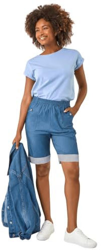 Roman Originals Bengaline Turn Up Stripe Stretch Shorts for Women UK - Ladies Everyday Holiday Spring Summer Comfy Soft Evening Vacation Work Party - Denim - Size 12