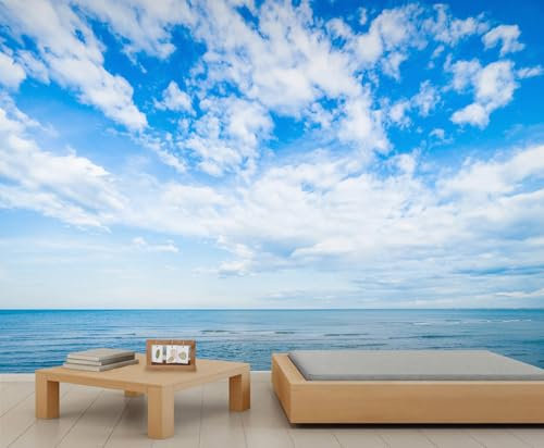 Ocean Sky Wall Mural Blue Sky Clouds Murals Calm Ocean Water Wallpaper Modern Natural Scenery Photo Wallpaper for Bedroom Living Room Hotels 150 x 100 cm