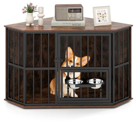 COSTWAY Eck Hundekäfig Möbel, Hundehütte mit verstellbarem Futterspender, 2 Edelstahlnäpfen & abschließbarer Tür, Hundebox aus Holz und Metall, für kleine mittelgroße Hunde, Indoor, Braun