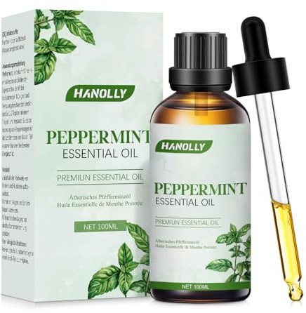 Hanolly Pfefferminzeöl 100 ml, Natürliche Ätherisches Öl Pfefferminze für Haut, Haare, Aromatherapie, Diffuser, Kerzenherstellung, Kopfschmerzen, Frisch & Belebend