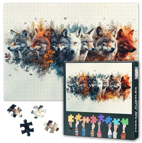 Puzzle 1000 Teile - Wolfsrudel Puzzles für Erwachsene und Kinder ab 9 Wölfe in Herbsttönen Puzzles für Erwachsene Puzzle 1000 teiles Fertige Größe Wohndeko 50x70cm