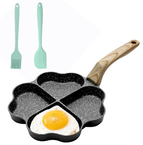 Umllpet 4-Loch Herzform Eierpfanne, Spiegeleipfanne Antihaft, Pancake Pfanne, Antihaft Omlettenpfanne mit Silikonspatel und Bürstefür, Frühstück Pancake Pfanne für Omeletts Würstchen Burger (Schwarz)