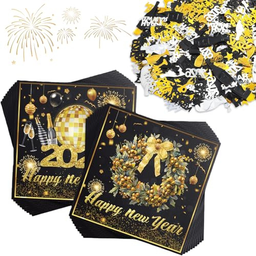 40 Servietten Happy New Year + Konfetti Tischdeko, Silvester Deko 2026 Set Schwarz Gold, Tischdeko Silvester, New Year Feier & Neujahrsgeschenke, servietten silvester