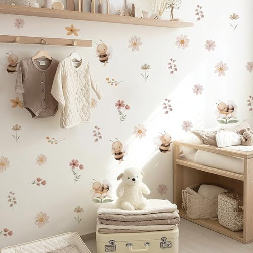 Neukids Boho Aquarell Rosa Gänseblümchen Biene Kinder Wandaufkleber-50PCS | Wandtattoo Kinderzimmer mädchen Aufkleber für Kinder Schlafzimmer Wohnzimmer Kindergarten Fenster Wanddekoration