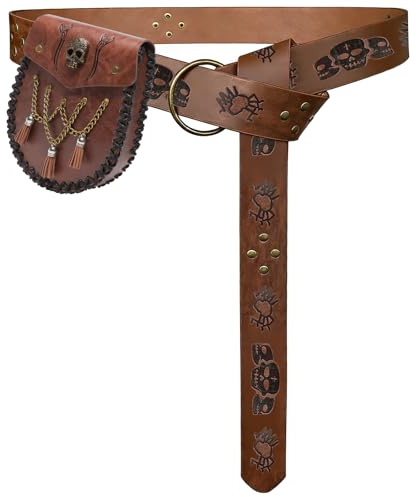 TiGog Mittelalter Gürtel und Gürteltasche, Wikinger Gürtel Totenkopf-Muster Geprägtes Kunstleder, Wikinger Kostüm Damen Herren, Mittelalter Kleidung Zubehör für Halloween Karneval Cosplay