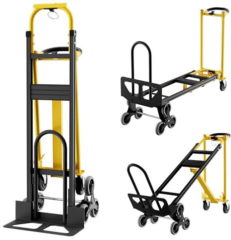 3-in-1 Treppensackkarre Sackkarre Klappbar Mit Treppensteiger-Rädern & Elastischem Spanngurt, Tragkraft 350 kg, Faltbarer Transportkarre Aus Aluminium Für Zuhause Lager Supermarkt Büro, Gelb
