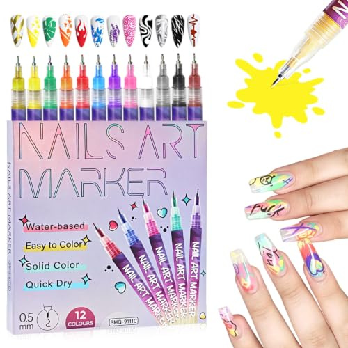 12 Colors Nail Art Markers Pens Set, 3D Nail Polish Pens Graffiti Dotting Pen Acrylic Liner Pen Drawing Painting for Nails Art Design Manicure Nail DIY Decoration