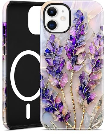 Aitipy Buntglas-Blumen Magnetische Hülle für iPhone 13/14, Lavendel | Kompatibel mit MagSafe, Ästhetische Buntglas-Blumen-Design Handyhülle, TPU/PC Schutzhülle für Damen & Mädchen