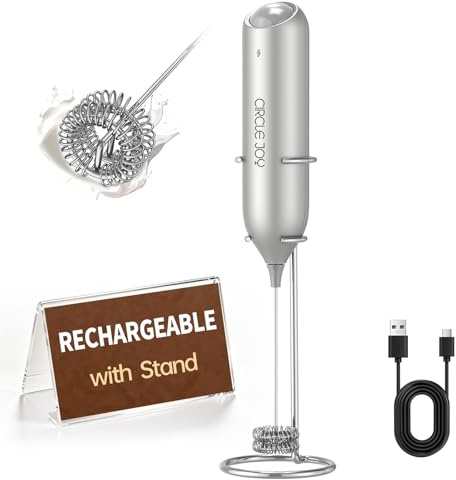 CIRCLE JOY Electric Rechargeable Milk Frother Handheld with Stand, Silver | Dual Spring Whisk Hand Frother Wand Portable Drink Mixer Foam Maker for Coffee Cappuccino Latte Matcha