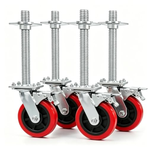 Socomfay 8 Zoll Schwerlast Gerüst Lenkrollen Rot Doppelt Gebremst, 4 Stück | 300 mm Stahlspindel als Gerüstspindel, 6202 Doppelkugellager, Für Arbeitsgerüste und Rollgerüste, Tragfähigkeit: 600 kg