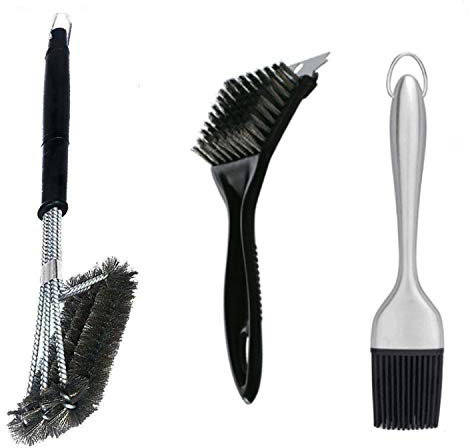 COSORO Set of 3 BBQ Grill Brushs (3 in 1 Heavy Duty Stainless Steel Woven Wire 360°Cleaning + 1 Lightweight Scraper + 1 Removable Silicone Brush, Silver)