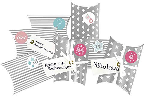 Frau WUNDERVoll® DIY Adventskalender zum Befüllen Christkind: Set 183, Kissenschachteln 15x11x4,5cm grau Sterne und Streifen, Ziffern Pastell