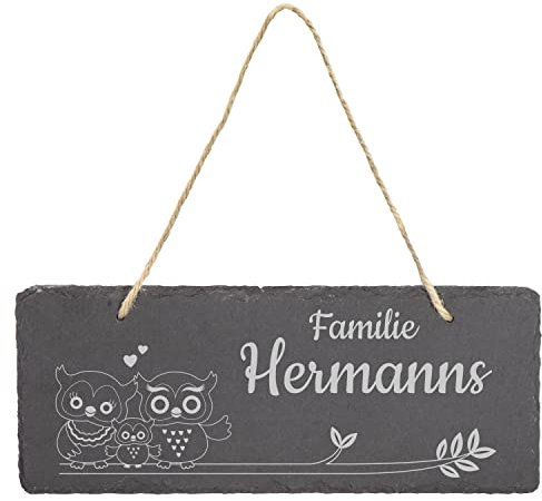 LAUBLUST Türschild Schiefer Personalisiert - Eulen Motiv - Haustürschild mit Name - 3 Größen, inkl. Kordel