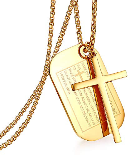 Cupimatch Kreuz Halskette mit Erkennungsmarke: Edelstahl Militär Dog Tag mit Bibel Gravur Religiöser Kreuzanhänger 61cm Rolokette Christlicher Taufe Kommunion Schmuck für Männer vater sohn, Gold