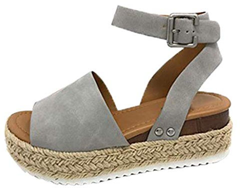 Sandale Femme CompenséEs Espadrilles Ete Chic Cuir Plateforme Bout Ouvert 5 Cm Talon Mode Pas Cher Chaussure Plates Plage Confort Boucle Noir Marron Blanc Kaki 35-43 (39 EU, Gris)