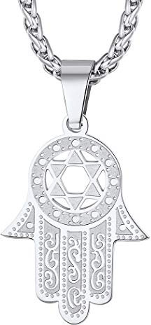 Suplight Herren Halskette Edelstahl Hand der Fatima Anhänger mit Weizenkette 50+5cm Hamsa-Hand Muslim Islamische Amulett Gottes Schutz Symbol Modeschmuck für Geburtstag Weihnachten