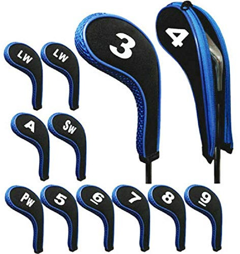 TOHMLAPE Golf 12pcs/set Golf Iron Head Covers Long Neck Number Printing Irons Head Covers Set With Zipper For Irons Titleist, Callaway, Ping, Taylormade, Cobra, Nike,Black &Blue
