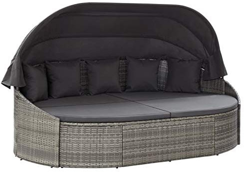 Sonneninsel Outdoor Rattan Sonnenliege mit Dach Gartenlounge Loungemöbel Doppelliege Gartenliege Garten Lounge Set Loungebett Gartenmuschel Garteninsel Gartenmöbel, Grau