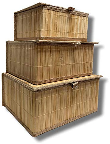 Cflagrant® Lot de 3 Boites/Paniers de Rangement en Bambou intérieur en Tissus (3 boites avec couvercles)