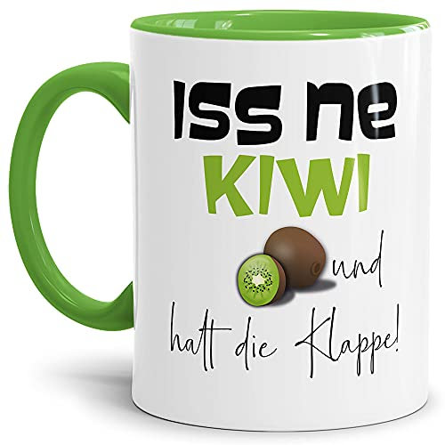 Keramik Tasse mit Spruch - Kiwi Tasse - ISS ne Kiwi & Halt die Klappe! - Geschenkideen für Familie, Freunde und Kollegen - Innen & Henkel Hellgrün, 300 ml