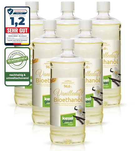KieselGreen Bioethanol 6 x 1 Liter mit Duft für Ethanol-Kamin, viele Sorten - Bio Ethanol als Raumduft in vielen Duftnoten - Parfüm für Bio Ethanol Kamin Indoor oder Bioethanol Tischfeuer (Vanille)