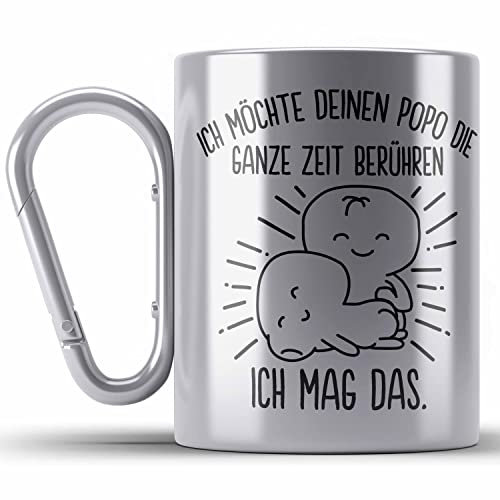 Trendation - Edelstahl Tasse Karabiner für Freundin Lustig Geschenk Valentinstagidee Paare Karabiner Edelstahl Tasse Karabiner Edelstahl Spruch Liebe Mann Popo Anfassen (Silber)