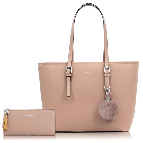 TANTOMI Handtasche Damen Set Tasche Mit Geldbörse für Büro Schule Einkauf Handtasche Damen Groß Mit Quasten Damen und Pelz Kugel Plüsch Schlüsselring