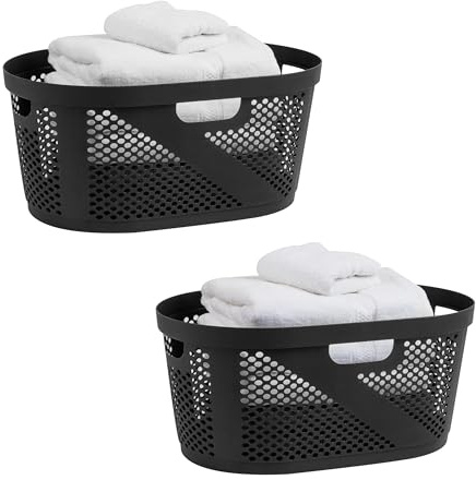 Mind Reader 40L Ventilated Laundry Baskets, Lightweight Clothes Hamper with Cutout Handles for Bathrooms and Closets, Plastic, Set of 2, Black