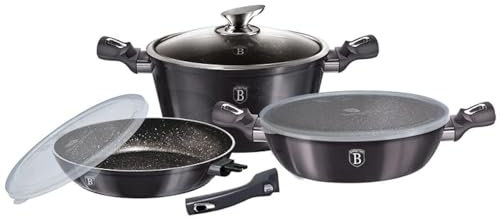 Berlinger Haus, Batterie de Cuisine de 6 Pièces, Collection Carbon Pro, revêtement en marbre antiadhésif à 3 couches, Poignée de touche souple ergo, Convient à tous types de plaques de cuisson