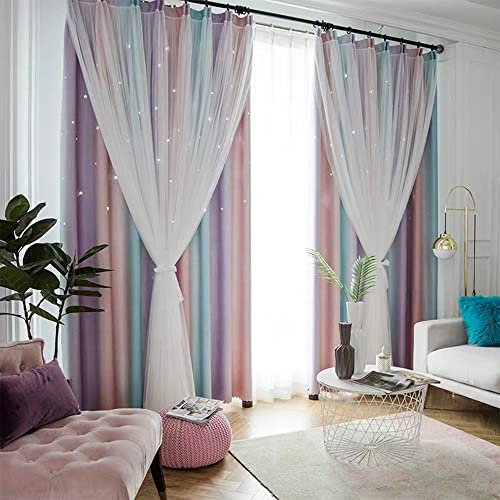 Freyamy Gardinen Lila Blau Weiß Glänzend Sterne Vorhänge Blickdicht Kinderzimmer Halbtransparent H 160 X B 132cm Ösenvorhang 2er Set Mädchen Kindervorhänge Gardinen Verdunkelungsvorhang Wohnzimmer