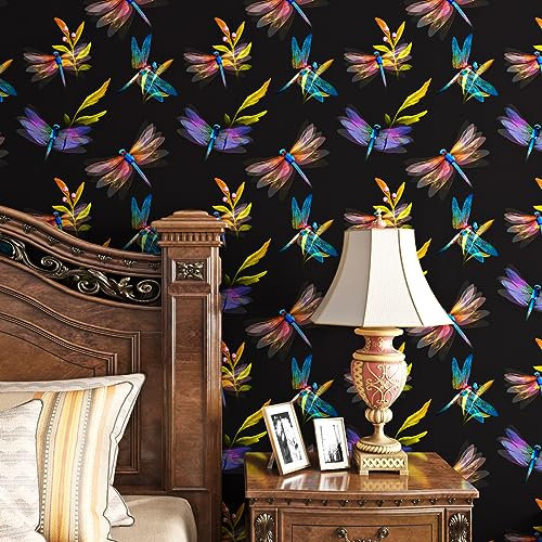 ReWallpaper Self Adhesive Wallpaper Colourful Black Wallpaper for Bedroom Vintage Peel and Stick Bathroom Wallpaper Waterproof 44.5cm×3m Sticky Back Plastic Patterned for Furniture Dragonfly