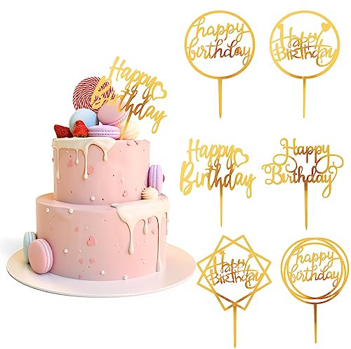 WLLHYF 6 Pack Gold Happy Birthday Acrylic Cake Decoration, Double-Sided Glitter Birthday Party Decoration Supplies