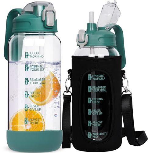DEARRAY 2 Litre Glass Water Bottle with Straw & Time Markings 2l Large Leakproof Motivational Glass Drinking Bottle Big Glass Pitcher Jug with Lid bpa free Glass Carafe