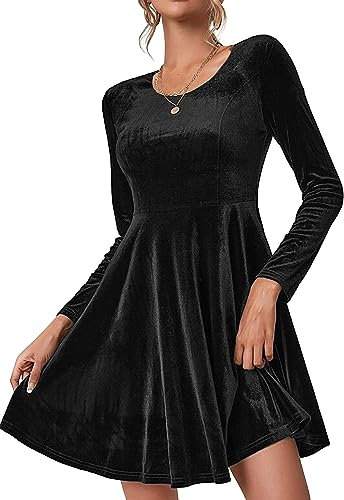 Zeagoo Weihnachtskleid Partykleid Damen Kleid Elegant Cocktailkleid Langarm Samtkleid Knielang Abendkleider Rundhals Kleider Bodycon Ballkleider Einfarbig Freizeitkleid Winterkleider Schwarz XL