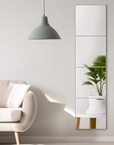 QWORK® 4 Pieces Self-Adhesive Mirror Tiles, 30x30cm Acrylic Mirrors for Living Room, Bedroom, Bathroom
