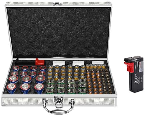 SSS·GRGB Battery Storage Case with Battery Tester, Aluminum Battery Organiser Box Holds 100+ various types of Batteries (AA AAA C D 9V), Hard Case Waterproof Fireproof (Not Includes Batteries) Black