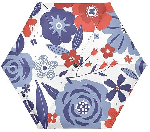 ZRWLUCKY Parapluie de voyage pliable automatique à trois motifs floraux rouge, blanc, bleu, coupe-vent, solide, compact, pour UV et pluie, pour femmes, hommes, adolescents
