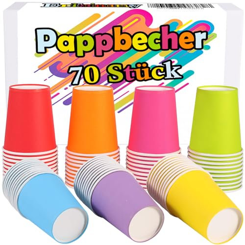 Erinnmy 70 Stück Pappbecher Bunt, 250 ml Mehrfarbig Papierbecher, Bunte Pappbecher, Partybecher Paper Cups für Kinder DIY Party Hochzeit Geburtstag Kaffee Tee