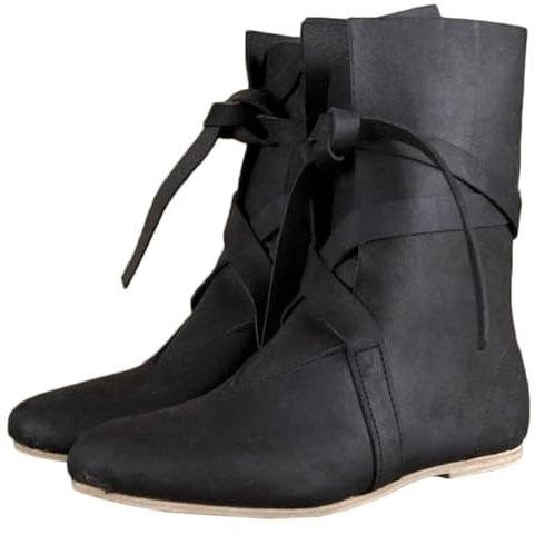 Mittelalterliche Ritterstiefel aus PU-Leder, Renaissance, mittelalterliche Cosplay-Stiefel, Vintage-Stiefel für Herren und Damen, Schnürschuhe mit flachem Boden,Schwarz,46 EU