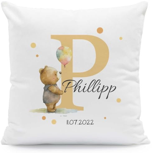 GRAVURZEILE Personalisiertes Deko Kissen mit Tiermotiv und Initiale - Personalisiert mit Name & Datum - 40x40 cm - Mit Füllung - Personalisierte Geschenke für Weihnachten und Geburtstag - Bär