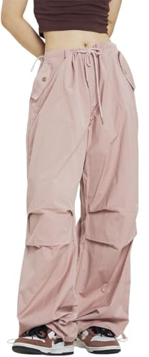 Linsennia Pantalon cargo Baggy Y2k imperméable pour femme Pantalon de parachute à jambe large Taille haute Léger Randonnée
