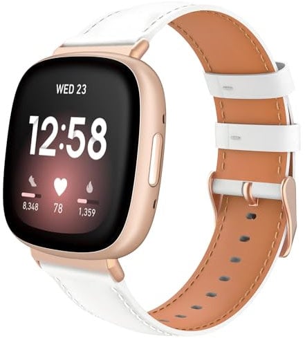 TiMOVO Leder Armband Kompatibel mit Fitbit Versa 4/Fitbit Versa 3/Fitbit Sense 2/Sense Uhrenarmband, Genarbtes Echtes Klassisches Leder Ersatzarmband für Damen und Herren, Weiß