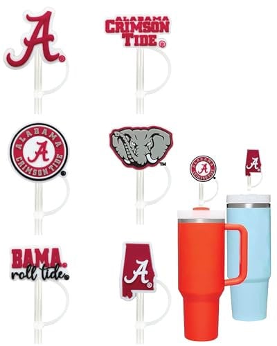 6 Alabama Crimson Tide Straw Covers (10 millimeter) Alabama Crimson Tide Gift for Men and Women Football Fans Fits Large Stanley Simple Modern 40oz Water Bottles (10 mm straw) (Alabama Crimson Tide)