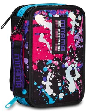 Mitama Schulmäppchen mit 3 Fächern, super dreifach Farbe Splash Girl, Inhalt 50 Stück, komplett mit Bleistiften, Filzstiften, Stifteköcher für die Grundschule für Mädchen, Schwarz, Taglia Unica,