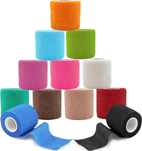 ANAMPION Bandage Autoadhésif, 5cm x 4.5m Bande Cohesive pour Les Humains Et Les Animaux, Bande Strapping Adhésif pour Gonflement Des Chevilles, Sports, Animaux (12 Couleur MIX, 12 Rouleaux)