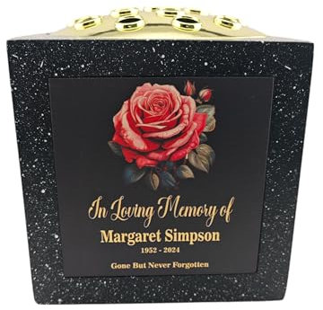 [Custom] Personalised Printed Black Stone Effect Memorial Rose Bowl Grave Marker Flower Pot Vase With Rose Design (UV PRINTED) (Black Plate)